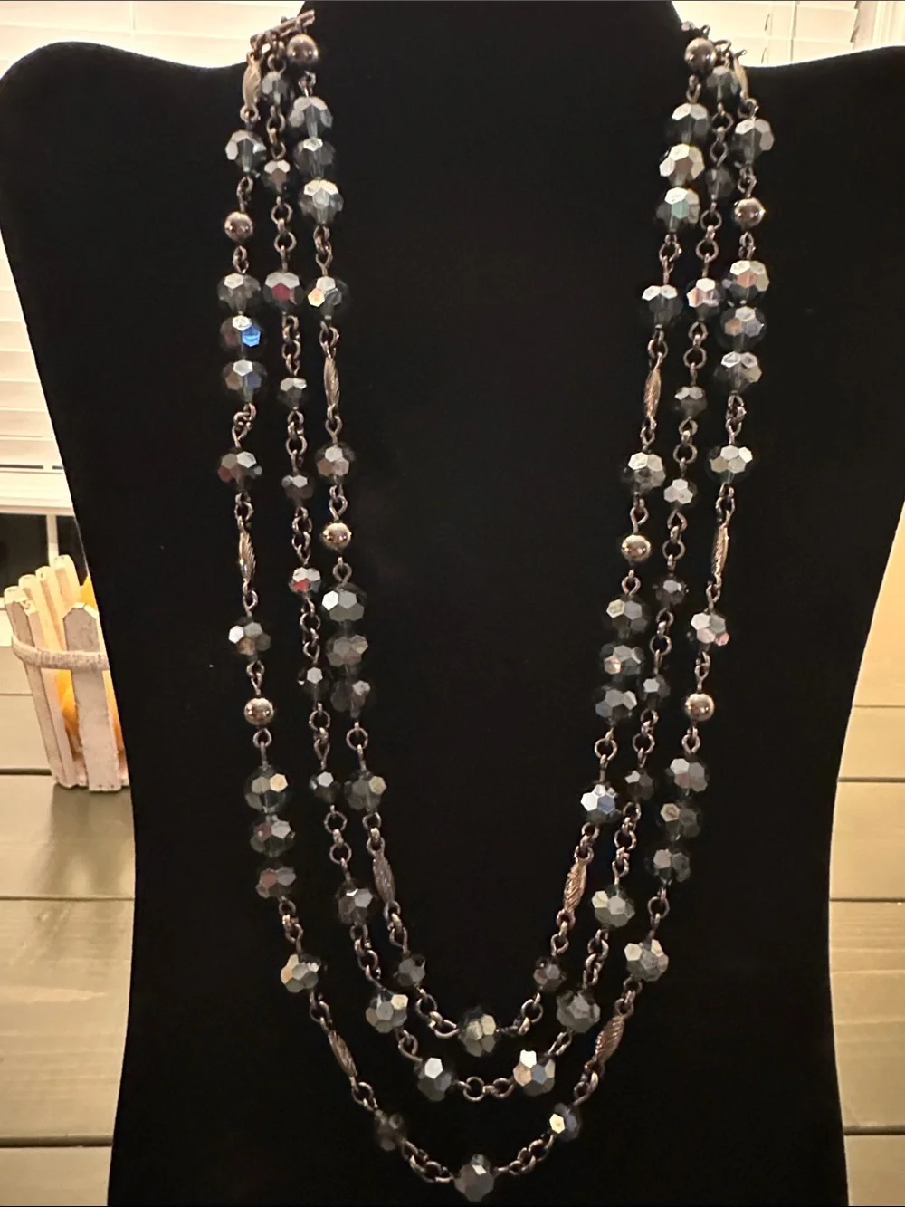 Lia Sophia Vintage Iridescent Smoke Grey Multi Strand Beaded Statement Necklace